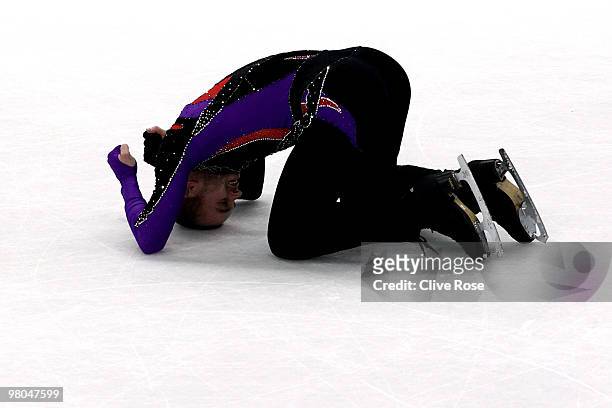 Kevin van der Perren of Belgium reacts after the Men's Free Skate during the 2010 ISU World Figure Skating Championships on March 25, 2010 at the...