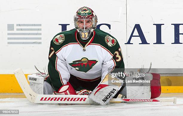 Josh Harding of the Minnesota Wild stretches during warmups prior to his game against the Philadelphia Flyers on March 25, 2010 at the Wachovia...