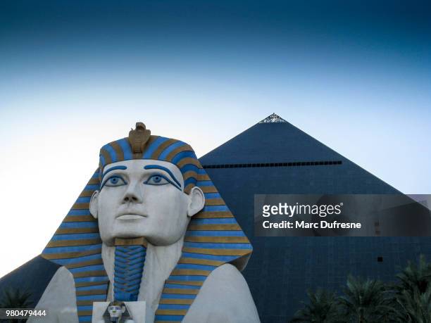 ancient egypt sphynx sculptures with pyramid at luxor casino in las vegas during the day. - las vegas pyramid stock pictures, royalty-free photos & images