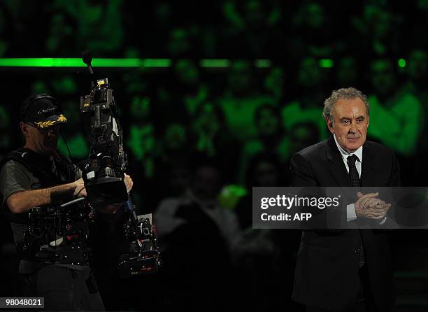 Italian TV host and journalist Michele Santoro speaks during his talk show " RAI per una notte " , at Paladozza sport hall, in Bologna, on March 25,...