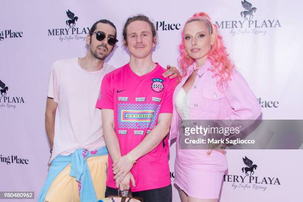 Ringo Merea, Kidsuper Designer Colm Dillane and Designer Mery Playa attend the Mery Playa Swimwear Launch on June 20, 2018 in New York City.