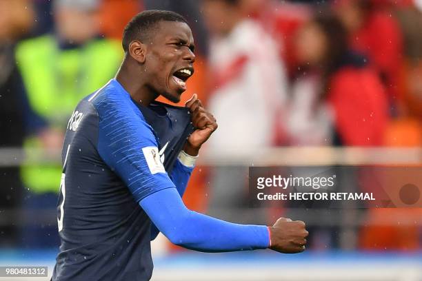 France's midfielder Paul Pogba celebrates victory during the Russia 2018 World Cup Group C football match between France and Peru at the Ekaterinburg...