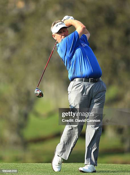 Colin Montgomerie of Scotland plays his tee shot at the 16th hole during the first round of the Arnold Palmer Invitational presented by Mastercard at...