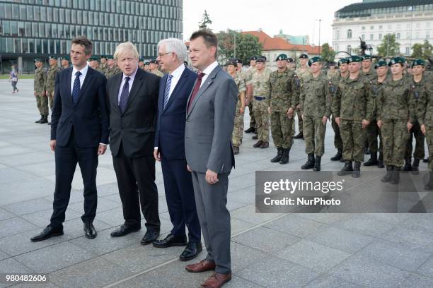Jacek Czaputowicz,Boris Johnson,Gavin Williamson,Mariusz Blasczak visit Warsaw, Poland on June 21, 2018 to meet with Polish minister of defence...
