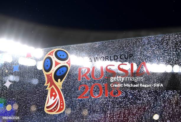 The World cup logo is seen inside the stadium prior to the 2018 FIFA World Cup Russia group C match between France and Peru at Ekaterinburg Arena on...