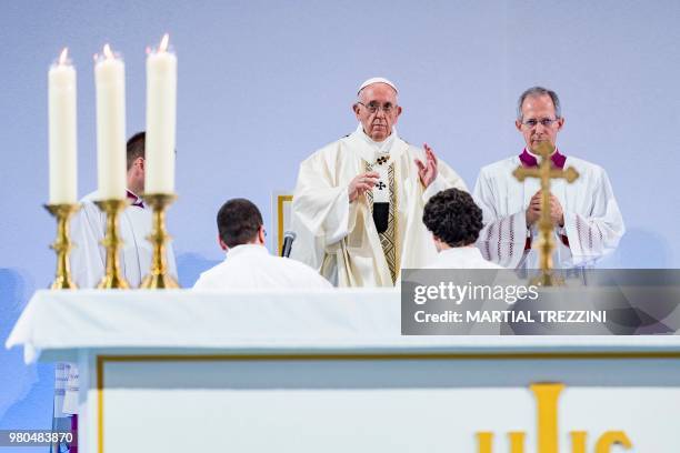 Pope Francis celebrates with Monsignor Guido Marini, papal master of ceremonies a mass during his one-day visit at the invitation of the World...