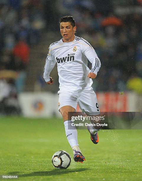 Cristiano Ronaldo of Real Madrid in action during La Liga match between Getafe and Real Madrid at the Coliseum Alfonso Perez stadium on March 25,...