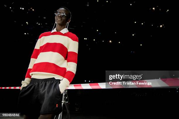 Model poses backstage prior the Ami Alexandre Mattiussi Menswear Spring Summer 2019 show as part of Paris Fashion Week on June 21, 2018 in Paris,...