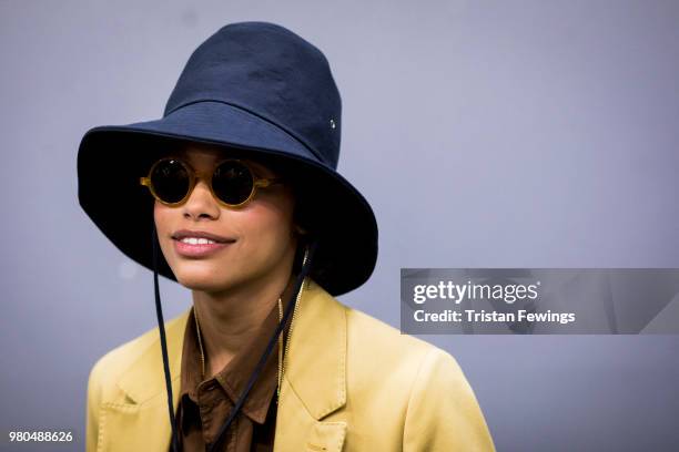 Model poses backstage prior the Ami Alexandre Mattiussi Menswear Spring Summer 2019 show as part of Paris Fashion Week on June 21, 2018 in Paris,...