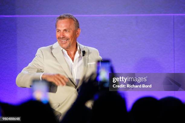 Kevin Costner speaks during 'A conversation with Kevin Costner from Paramount Network and Yellowstone' during the Cannes Lions Festival 2018 on June...