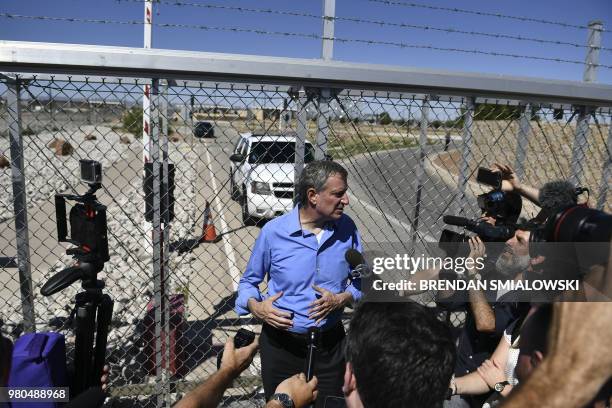 New York mayor Bill de Blasio speaks to reporters after trying to enter the border crossing at the Tornillo Port of Entry near El Paso, Texas, June...