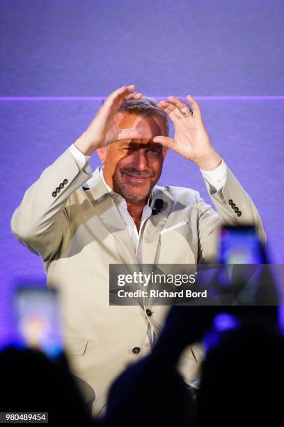 Kevin Costner speaks during 'A conversation with Kevin Costner from Paramount Network and Yellowstone' during the Cannes Lions Festival 2018 on June...