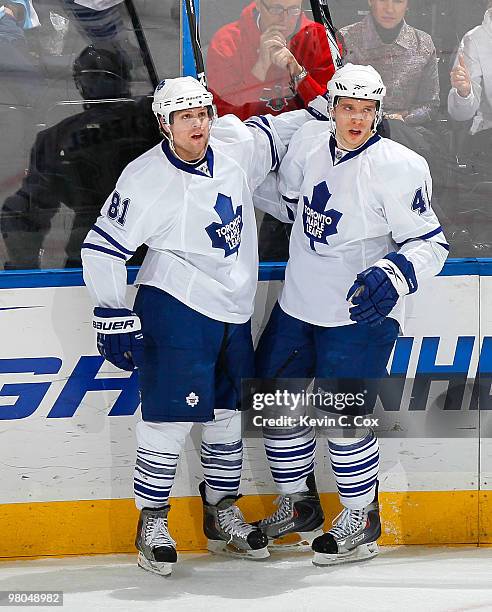 Phil Kessel of the Toronto Maple Leafs celebrates his goal against the Atlanta Thrashers with Nikolai Kulemin at Philips Arena on March 25, 2010 in...