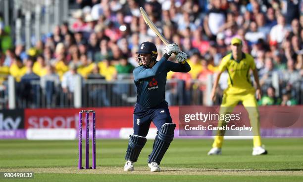 Jason Roy of England bats during the 4th Royal London One Day International between England and Australia at Emirates Durham ICG on June 21, 2018 in...