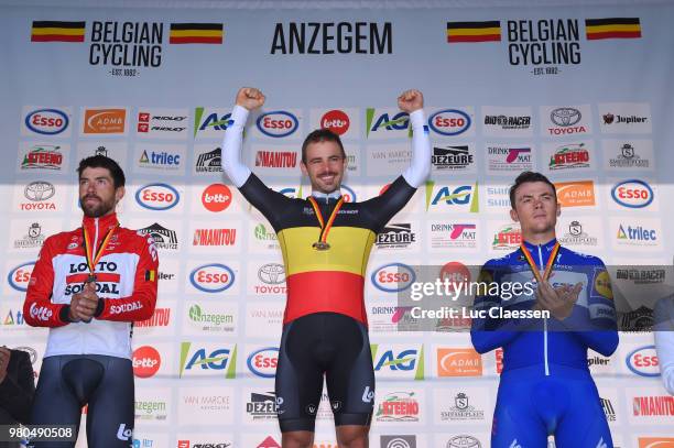 Podium / Thomas De Gendt of Belgium and Team Lotto Soudal Silver Medal / Victor Campenaerts of Belgium and Team Lotto Soudal Gold Medal / Yves...