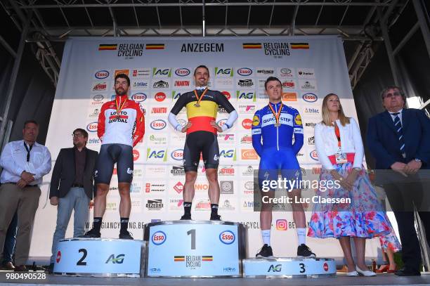 Podium / Thomas De Gendt of Belgium and Team Lotto Soudal Silver Medal / Victor Campenaerts of Belgium and Team Lotto Soudal Gold Medal / Yves...