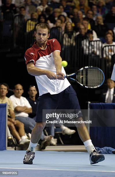 Andy Roddick competes in the Mercedes-Benz Classic tennis shootout March 23, 2004 in Tampa, Florida.
