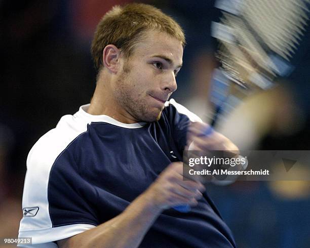 Andy Roddick competes in the Mercedes-Benz Classic tennis shootout March 23, 2004 in Tampa, Florida.
