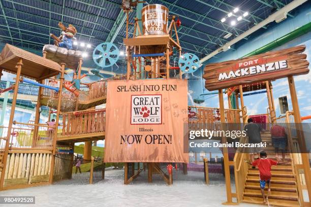 View of atmosphere during the grand opening at Great Wolf Lodge Illinois on June 21, 2018 in Gurnee, Illinois.