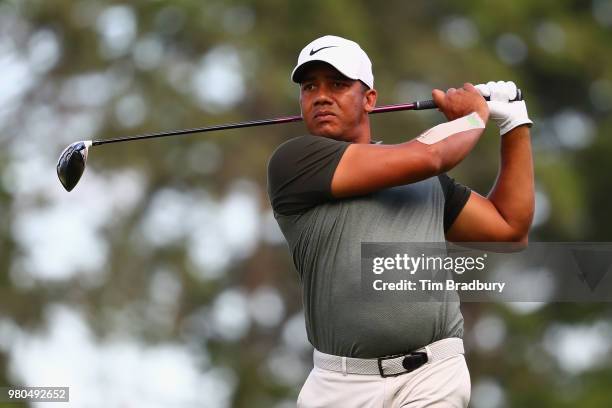 Jhonattan Vegas of Venezuela plays his shot from the sixth tee during the first round of the Travelers Championship at TPC River Highlands on June...