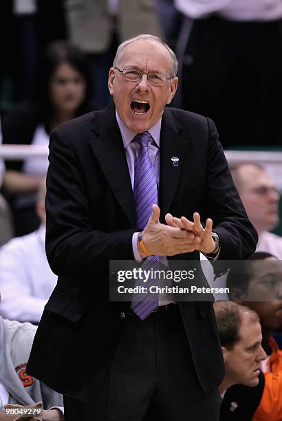 Head coach Jim Boeheim of the Syracuse Orange reacts during the west regional semifinal of the 2010 NCAA men's basketball tournament against the...