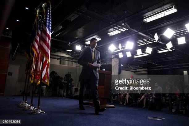 Speaker Paul Ryan, a Republican from Wisconsin, exits after speaking during a news conference on Capitol Hill in Washington, D.C., U.S., on Thursday,...