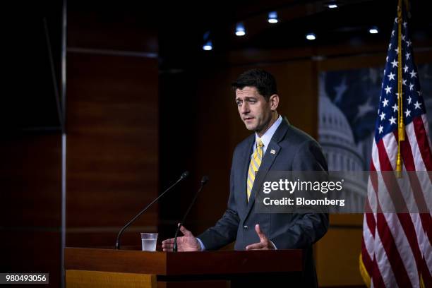 Speaker Paul Ryan, a Republican from Wisconsin, speaks during a news conference on Capitol Hill in Washington, D.C., U.S., on Thursday, June 21,...