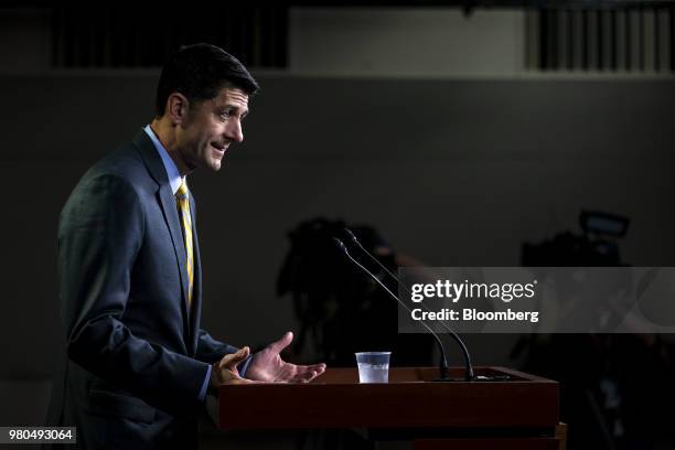 Speaker Paul Ryan, a Republican from Wisconsin, speaks during a news conference on Capitol Hill in Washington, D.C., U.S., on Thursday, June 21,...