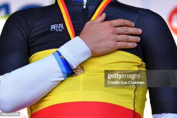 Podium / Victor Campenaerts of Belgium and Team Lotto Soudal European Champion Jersey Gold Medal / Celebration / Illustration / during the 119th...