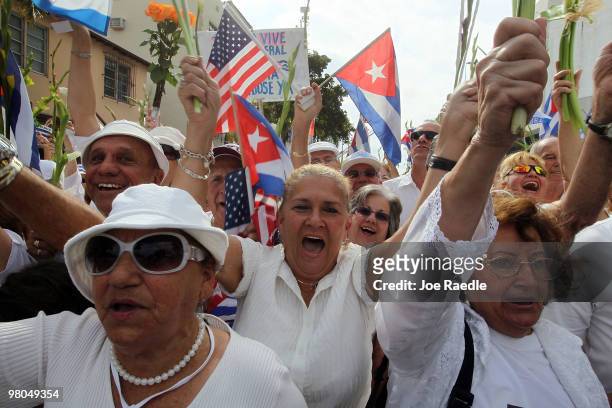 People show their support for Cuba's Las Damas de Blanco on March 25, 2010 in Miami, Florida. In Cuba last week the Las Damas de Blanco, Ladies in...