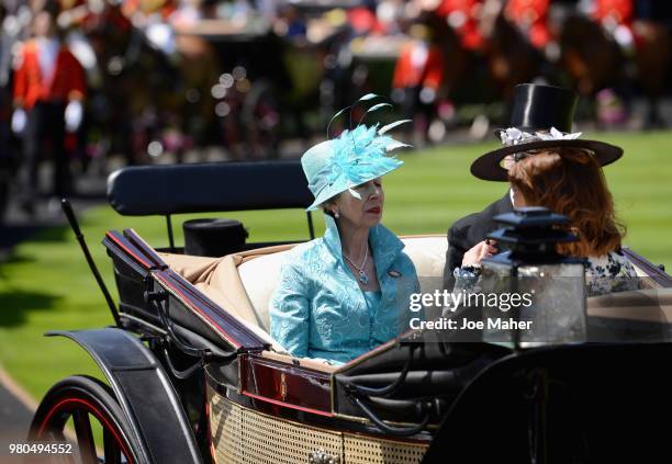 Princess Anne, Princess Royal, Vice Admiral Sir Tim Laurence and Princess Eugenie of York arrive in the Royal procession on day 3 of Royal Ascot at...