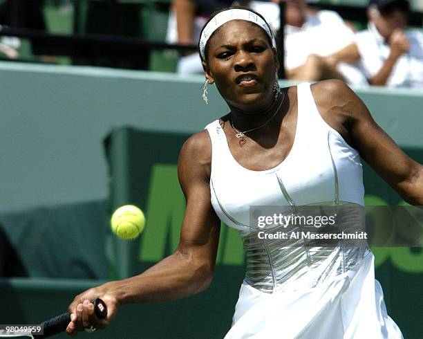 Serena Williams defeats Eleni Daniilidou in the semi finals of the NASDAQ 100 open, April 1 Key Biscayne, Florida.