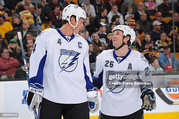 Vincent Lecavalier and Martin St Louis of the Tampa Bay Lightning talk during a tv time out during the game against the Boston Bruins at the TD...
