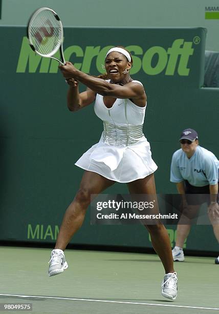 Serena Williams defeats Eleni Daniilidou in the semi finals of the NASDAQ 100 open, April 1 Key Biscayne, Florida.