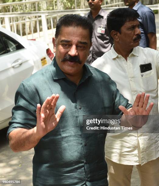 Makkal Needhi Maiam Founder Kamal Haasan during his interaction with media personnel after meeting Congress leader Sonia Gandhi at her residence at...