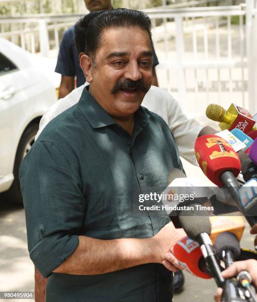 Makkal Needhi Maiam Founder Kamal Haasan during his interaction with media personnel after meeting Congress leader Sonia Gandhi at her residence at...