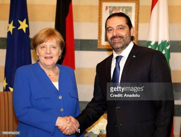 German Chancellor Angela Merkel meets Lebanese Prime Minister Saad Hariri at the Presidential Palace in Beirut, Lebanon on June 21, 2018.