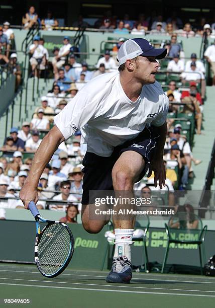 Andy Roddick defeats Carlos Moya in the quarter finals of the NASDAQ 100 open, April 1 Key Biscayne, Florida.