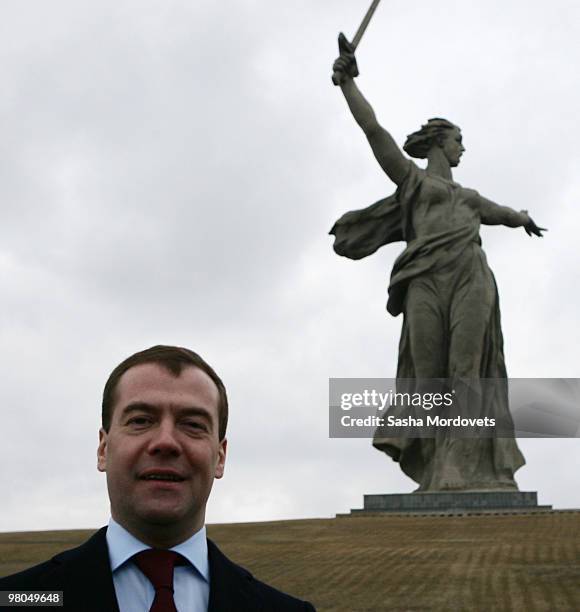 Russian President Dmitry Medvedev visits the Mamayev Kurgan World War II memorial complex, with the statue The Motherland Calls in the background on...