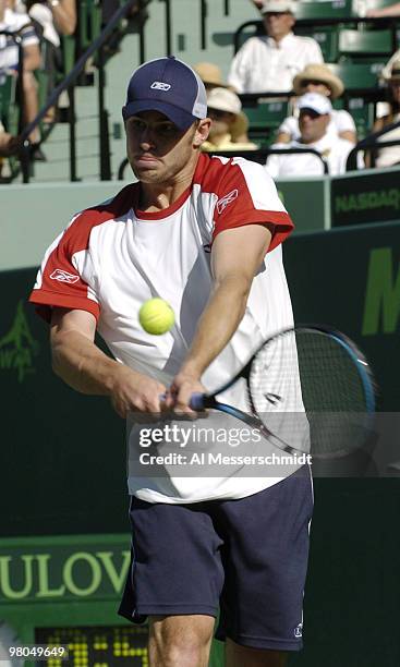 Andy Roddick defeats Carlos Moya in the quarter finals of the NASDAQ 100 open, April 1 Key Biscayne, Florida.