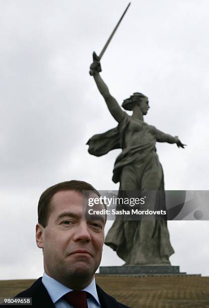 Russian President Dmitry Medvedev visits the Mamayev Kurgan World War II memorial complex, with the statue The Motherland Calls in the background on...