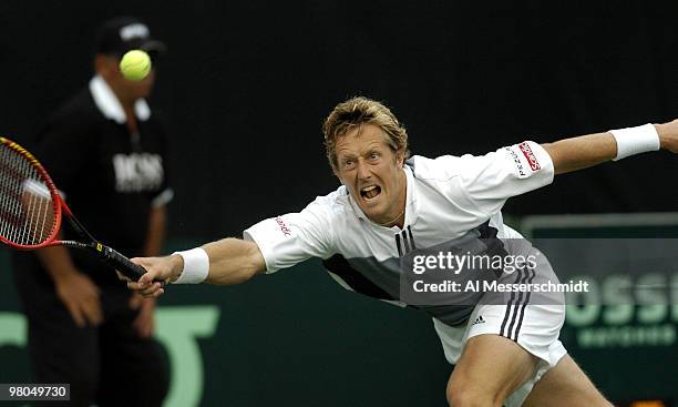 Sweden's Jonas Bjorkman competes in the Davis Cup quarterfinals against United States' Mardy Fish in Delray Beach, Florida April 9, 2004. Final...