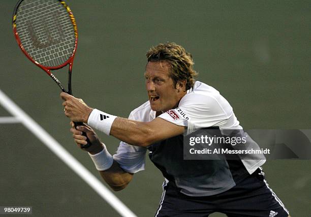 Sweden's Jonas Bjorkman competes in the Davis Cup quarterfinals against United States' Mardy Fish in Delray Beach, Florida April 9, 2004. Final...