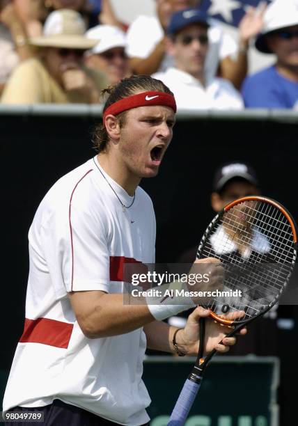 United States' Mardy Fish roars after a good shot in the Davis Cup quarterfinals against Sweden's Jonas Bjorkman in Delray Beach, Florida April 9,...