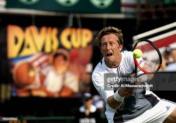 Sweden's Jonas Bjorkman competes in the Davis Cup quarterfinals against United States' Mardy Fish in Delray Beach, Florida April 9, 2004. Final...