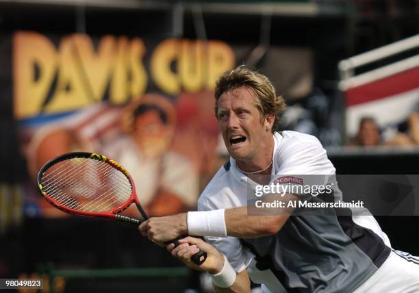 Sweden's Jonas Bjorkman competes in the Davis Cup quarterfinals against United States' Mardy Fish in Delray Beach, Florida April 9, 2004. Final...