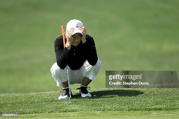 Catriona Matthew of Scotland lines up a putt on the third hole during the first round of the Kia Classic Presented by J Golf at La Costa Resort and...