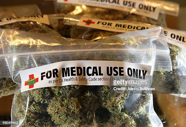 One-ounce bags of medicinal marijuana are displayed at the Berkeley Patients Group March 25, 2010 in Berkeley, California. California Secretary of...