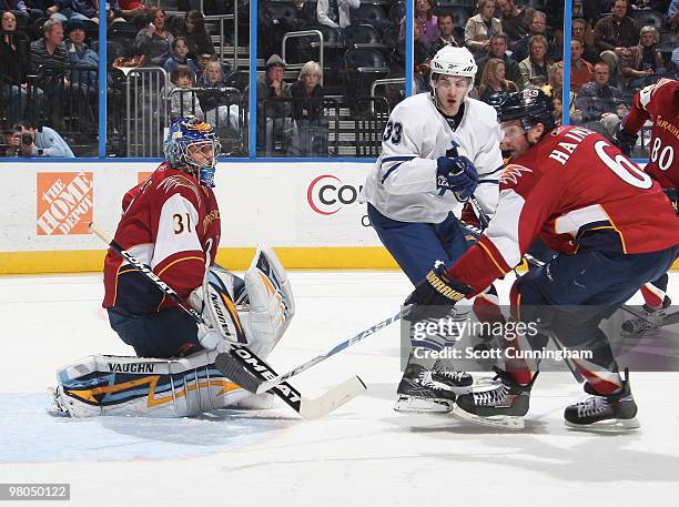 Ondrej Pavelec of the Atlanta Thrashers makes a save against the Toronto Maple Leafs at Philips Arena on March 25, 2010 in Atlanta, Georgia.