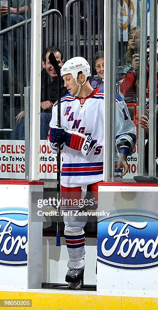 Sean Avery of the New York Rangers enters the penalty box against the New Jersey Devils at the Prudential Center on March 25, 2010 in Newark, New...